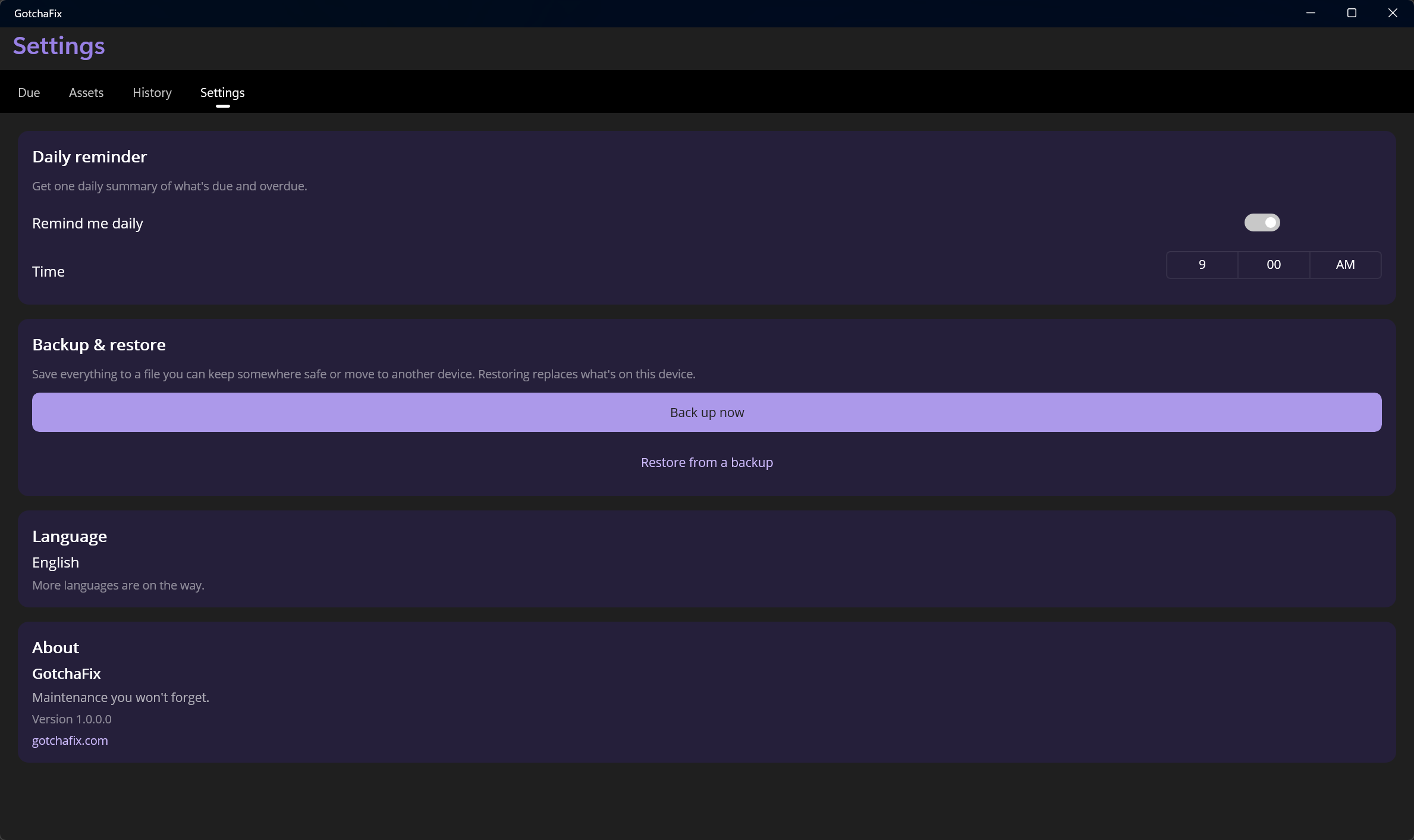 The Settings screen, with the daily reminder toggle and time, and backup and restore.