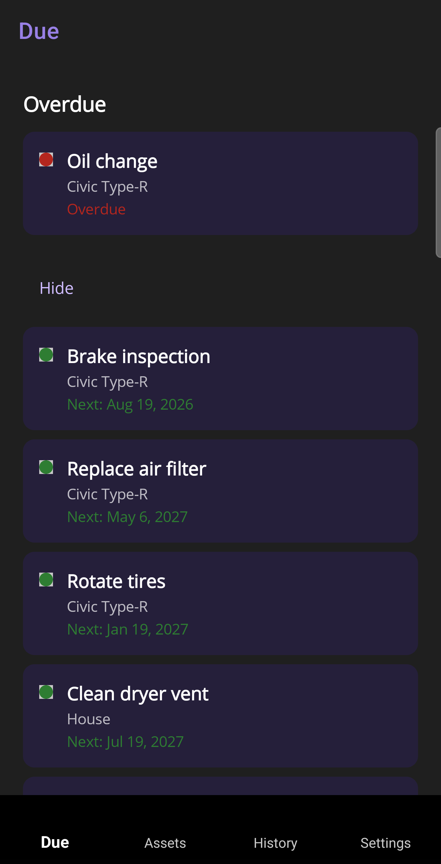 GotchaFix on Android: the Due screen.