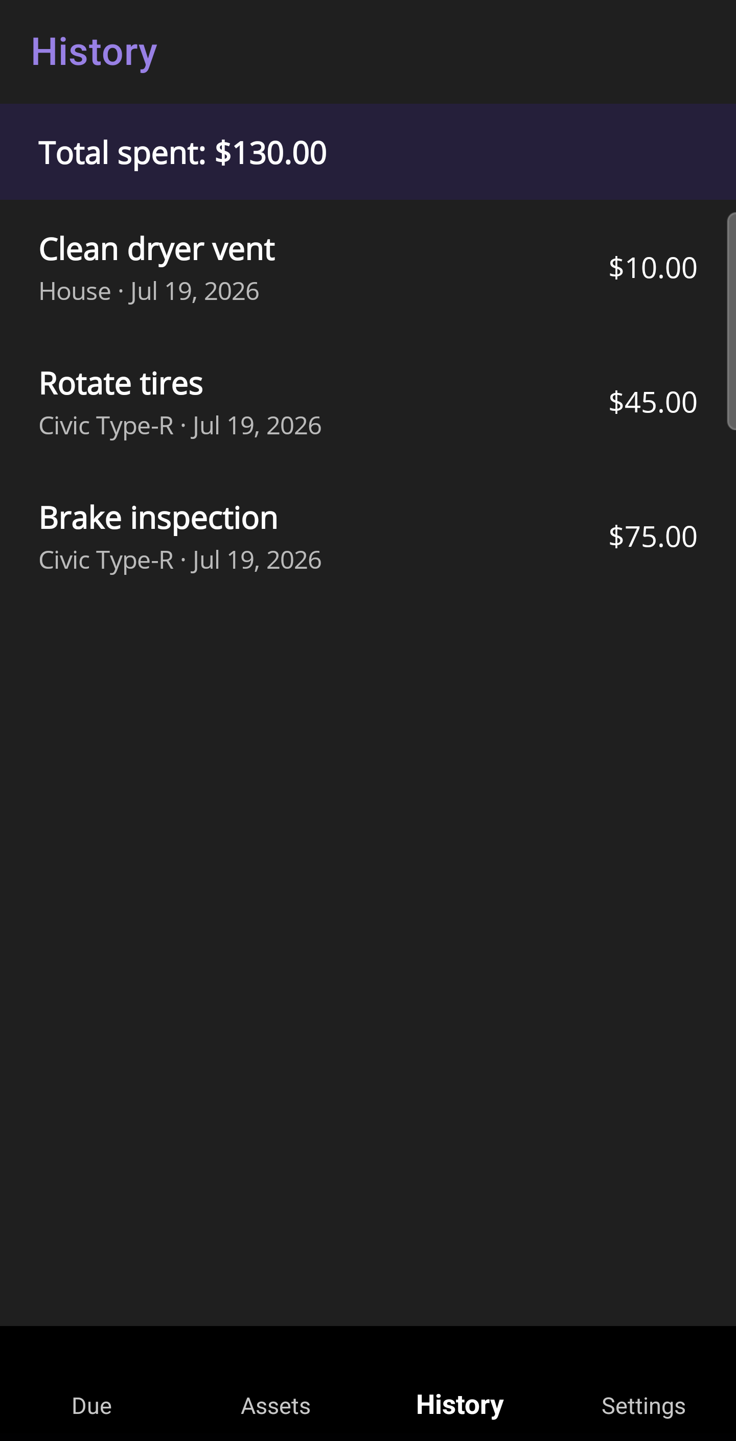 GotchaFix on Android: the History screen.
