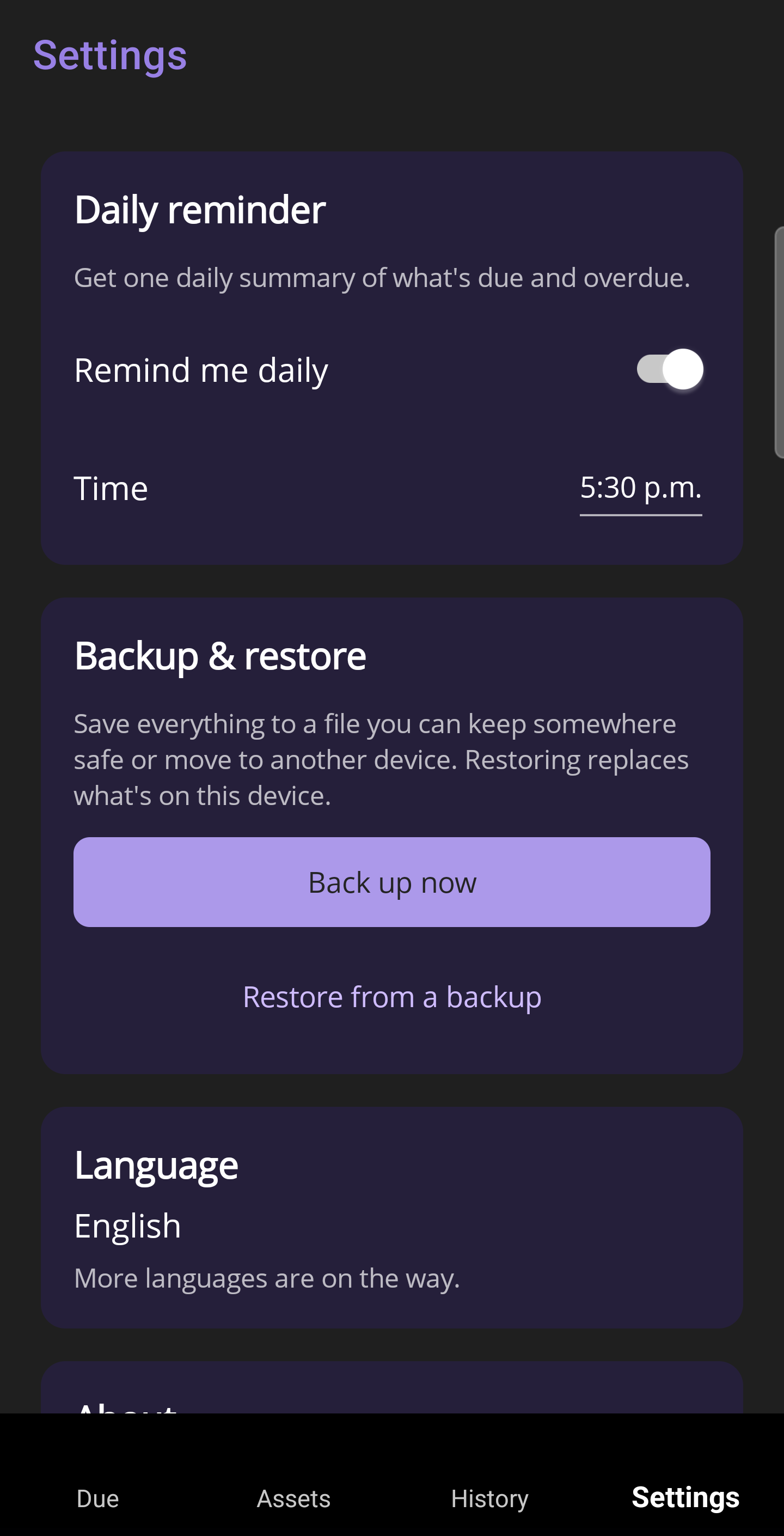 GotchaFix on Android: the Settings screen.